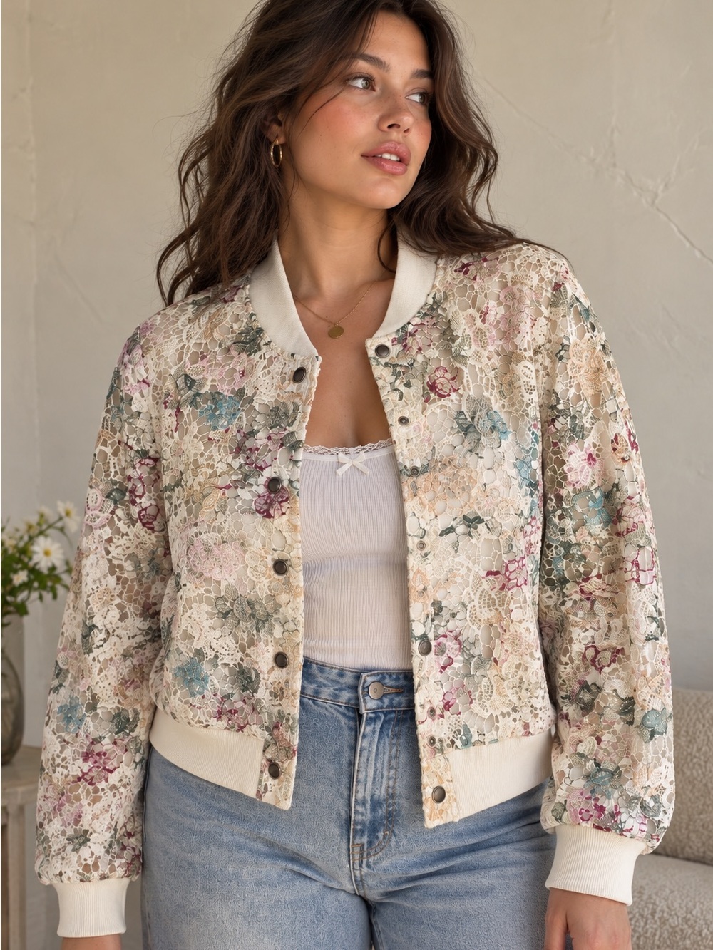 Nanette Lepore Floral Lace Bomber Jacket Ivory Pink Large Cottagecore Coquette